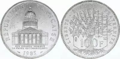 France 100 Francs Pantheon - 1985 XF to AU - Silver