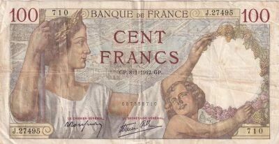 France 100 Francs Sully -  08-01-1942 - S�rie J.27495
