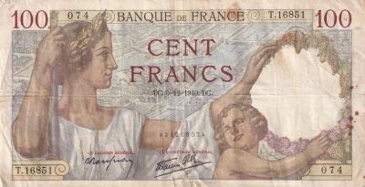 France 100 Francs Sully - 05-12-1940 Serial T.16851