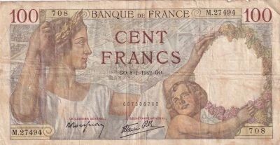 France 100 Francs Sully - 08-01-1942 - Serial M.27494