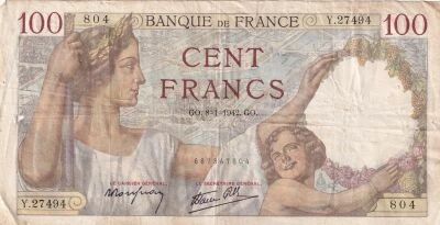 France 100 Francs Sully - 08-01-1942 - Serial Y.27494