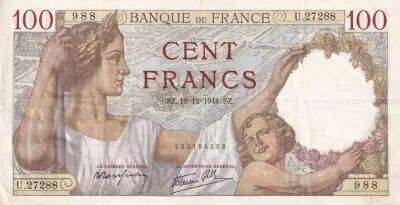 France 100 Francs Sully - 18-12-1941 - Serial U.27288