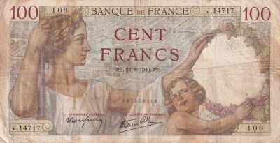 France 100 Francs Sully - 22-08-1940 - Serial J.14717