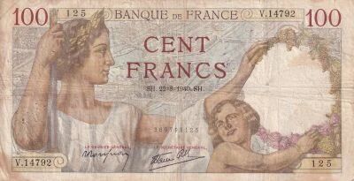France 100 Francs Sully - 22-08-1940 - Serial V.14792