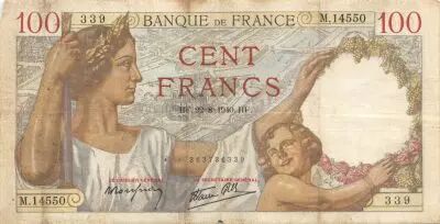 France 100 Francs Sully - 22-08-1940 Serial M.14550 - F+