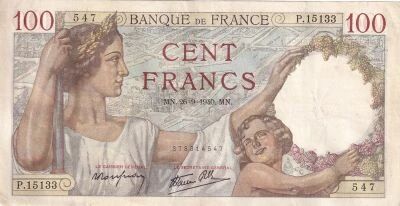 France 100 Francs Sully - 26-09-1940 - Serial P.15133