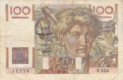 France 100 Francs Young Farmer - 06-08-1953 - Serial E.553 - Reversed Watermark - F