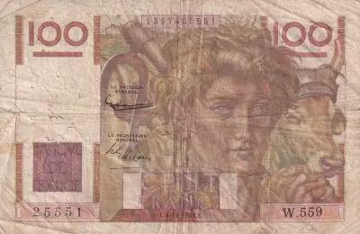 France 100 Francs Young farmer - Inverted Watermak - 01-10-1953 Serial W.559 - TB