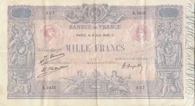 France 1000 Francs - Blue and pink - 08-06-1926 - Serial A.2435