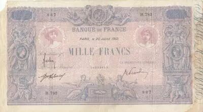 France 1000 Francs - Blue on lilac - 20-07-1912 - Serial H.782