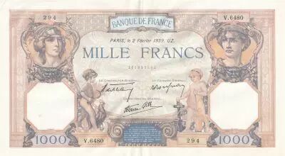 France 1000 Francs - Ceres and Mercury - 02-02-1939 - Serial V.6480