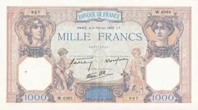 France 1000 Francs - Ceres and Mercury - 02-02-1939 - Serial W.6263 - XF to AU - P.90c