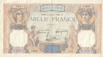 France 1000 Francs - Ceres and Mercury - 20-06-1940 - Serial J.9894