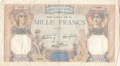 France 1000 Francs - Ceres and Mercury - 20-06-1940 - Serial J.9894