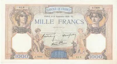 France 1000 Francs - Ceres and Mercury - 21-09-1939 - Serial J.7935