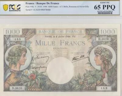 France 1000 Francs - Commerce and Industry - 06-07-1944 Serial D.3620