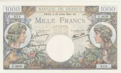 France 1000 Francs - Commerce and Industry - 20-07-1944 - Serial U.4656