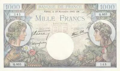 France 1000 Francs - Commerce and Industry - 28-11-1940 - Serial Q.805 - P.96a