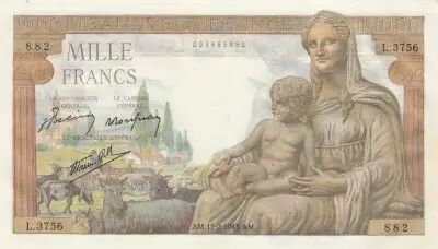 France 1000 Francs - Deesse Demeter - 11-02-1943 - Serial L.3756