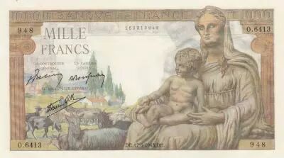 France 1000 Francs - Deesse Demeter - 17-06-1943 - Serial O.6413