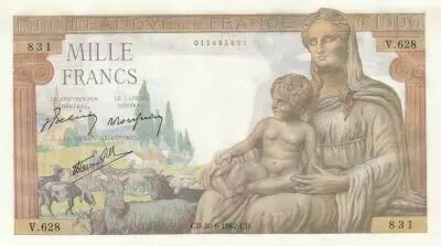 France 1000 Francs - Goddess Demeter - 20-06-1942 - Serial V.628