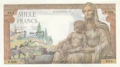 France 1000 Francs - Goddess Demeter - 20-06-1942 - Serial V.628