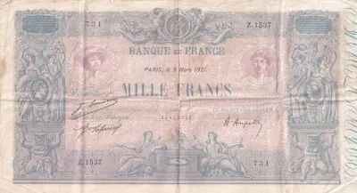 France 1000 Francs - Pink and blue - 09-03-1921 - Serial Z.1537
