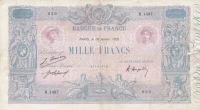 France 1000 Francs - Pink and blue - 10-01-1921 - Serial H.1487 - P.67