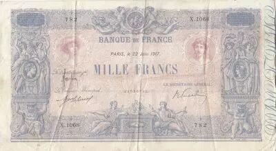 France 1000 Francs - Rose and Blue - 22-06-1917 - Serial X.1068