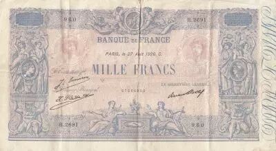 France 1000 Francs - Rose et Bleu - 27-08-1926 - Serial R.2691