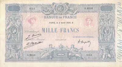 France 1000 Francs Blue on lilac - 02-04-1926 - Serial S.2218 - F to VF