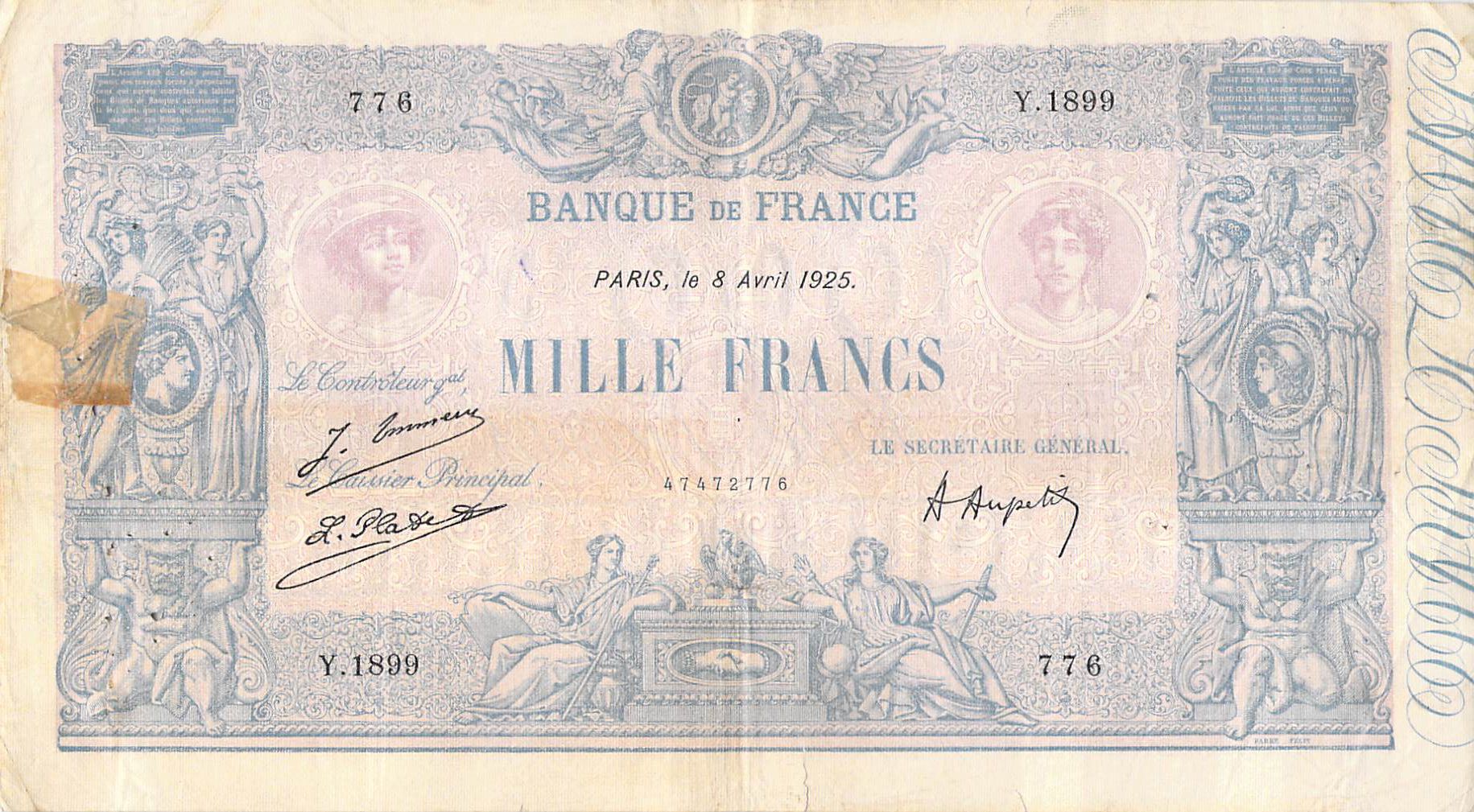 Banknote France 1000 Francs Blue On Lilac 08 04 1925 Serial Y 19 Vg To F