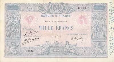 France 1000 Francs Blue on lilac - 14-01-1925 - Serial E.1827 - F to VF