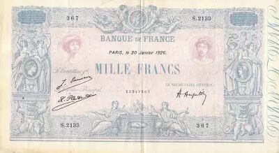 France 1000 Francs Blue on lilac - 20-01-1926 - Serial S.2133 - VF