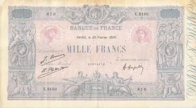 France 1000 Francs Blue on lilac - 20-02-1926 - Serial E.2160 - F to VF