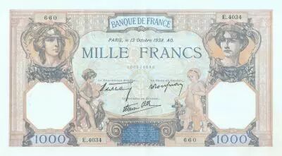 France 1000 Francs Ceres and Mercury - 13/10/1938 Serial E.4034