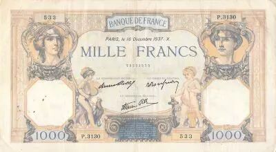 France 1000 Francs Ceres and Mercury - 16-12-1937 Serial P.3130 - F+