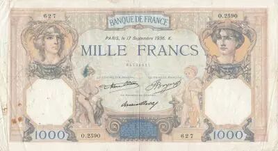 France 1000 Francs Ceres and Mercury - 17-09-1936 - Serial O.2590