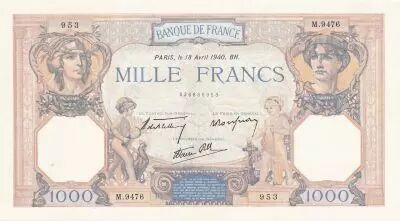 France 1000 Francs Ceres and Mercury - 18-04-1940 - Serial M.9476