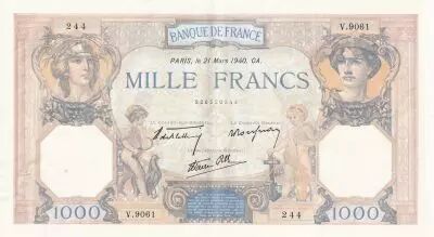 France 1000 Francs Ceres and Mercury - 21-03-1940 - Serial V.9061