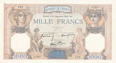 France 1000 Francs Ceres and Mercury - 21-09-1939 - Serial J.7517