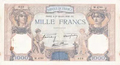 France 1000 Francs Ceres and Mercury - 27-10-1938 - Serial W.4760