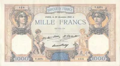 France 1000 Francs Ceres and Mercury - 29-12-1932 Serial T.2271 - VF+