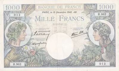 France 1000 Francs Commerce and Industry - 19-12-1940 - Serial H.962