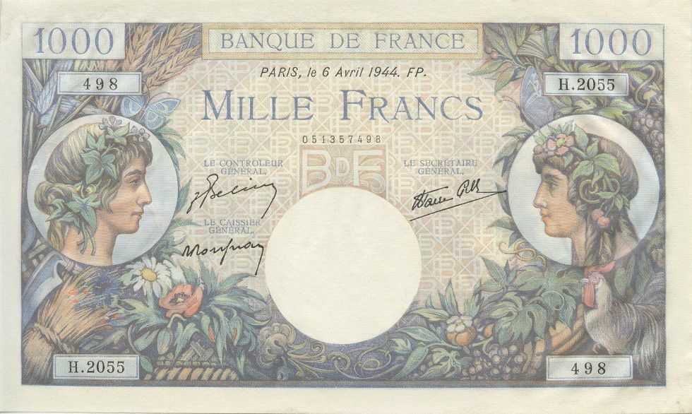 Banknote France 1000 Francs Commerce and Industry 1944