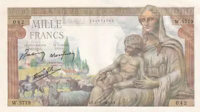 France 1000 Francs Goddess Demeter  - 27-05-1943 - Serial W.5779