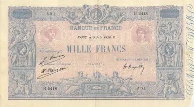 France 1000 Francs Rose et Bleu - 03-06-1926 - S�rie H.2418 - TB