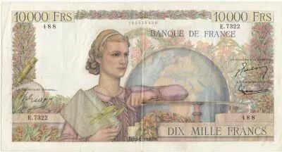France 10000 Francs - Young woman with book and globe - 01-07-1954 - Serial E.7322