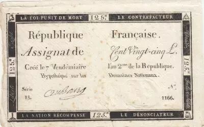 France 125 Livres - 7 Vend�miaire An II - 1793 - Sign. Aubourg - Serial 13