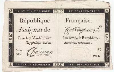 France 125 Livres - 7 Vend�miaire An II - 1793 - Sign. Chaignon - VF+